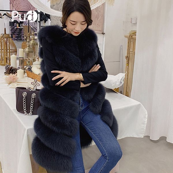 

pudi t18005 women's winter warm real fox fur long jacket vest girl coat lady jacket overcoat, Black