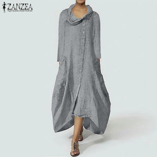 

zanzea women dress plus size dresses turtleneck maxi dress 2019 autumn long sleeve dresses solid irregular him buttons dresses, Black;gray
