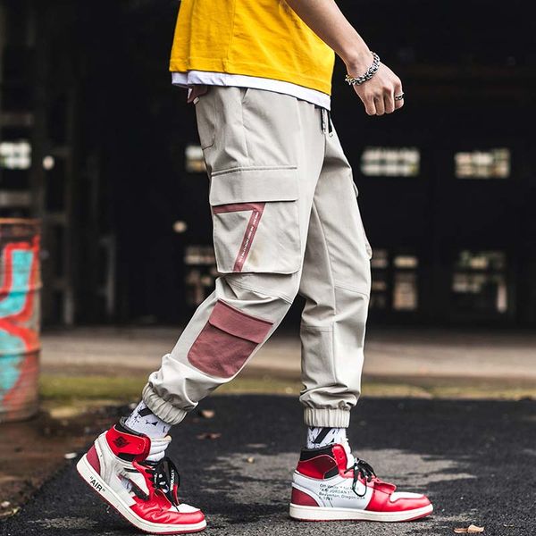 

outdoor 2019 spring autumn patchwork hip hop elastic waist straight loose drawstring cargo hiking camping teenagers trousers men, Black;green