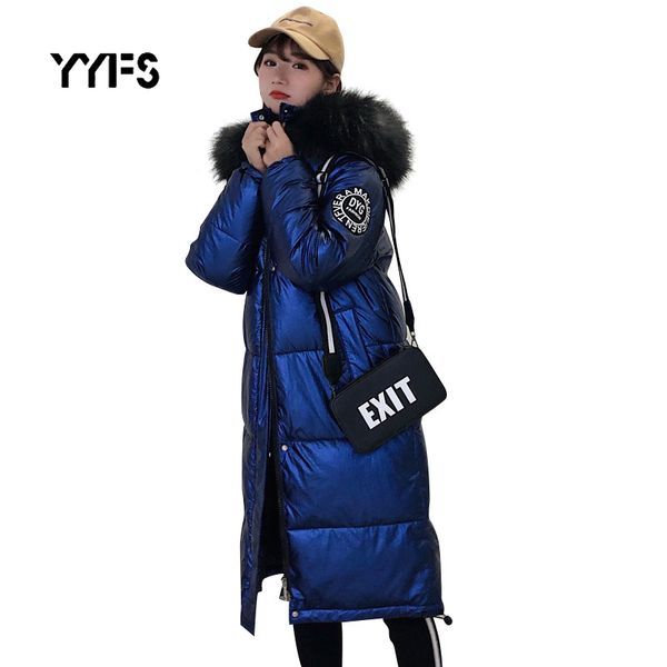 

glossy winter jacket women 2019 casual long parka thick cotton coat big fur collar warm loose shiny hooded jacket parkas lady, Black