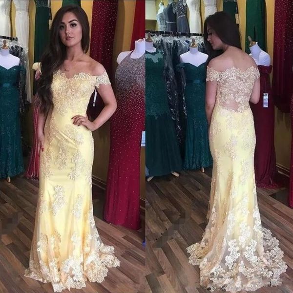 

Vintage Yellow Mermaid Prom Dresses Off The Shoulder Lace Appliqued Cheap Formal Evening Gowns Sweep Train Long Party Dresses