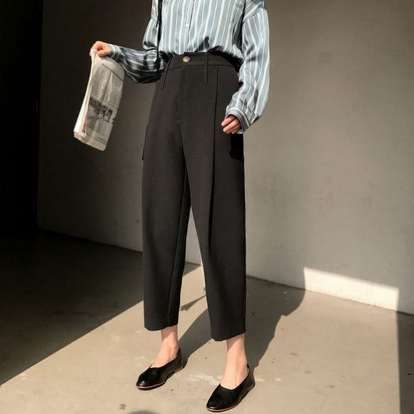 

women's casual suit pants 2019 spring high waist loose harem trousers new fashion chiffon ankle-length pants plus size trousers, Black;white