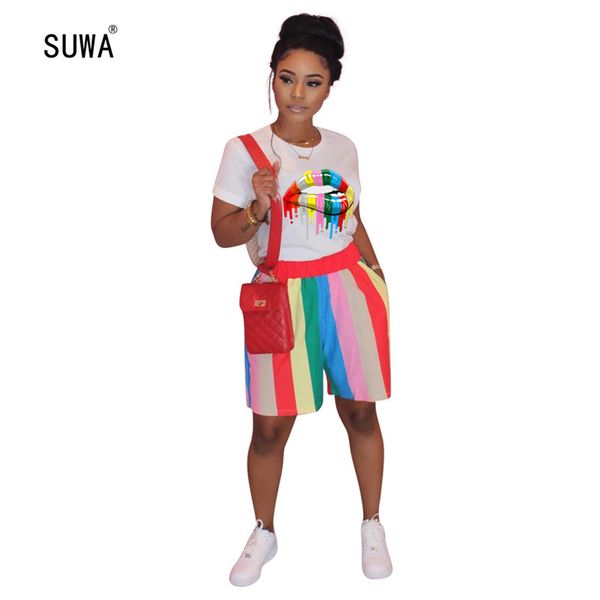 

suwa 2020 new style casual sports 2 piece set short sleeve t shirt shorts contrast striped women sets clothing streetwear, White