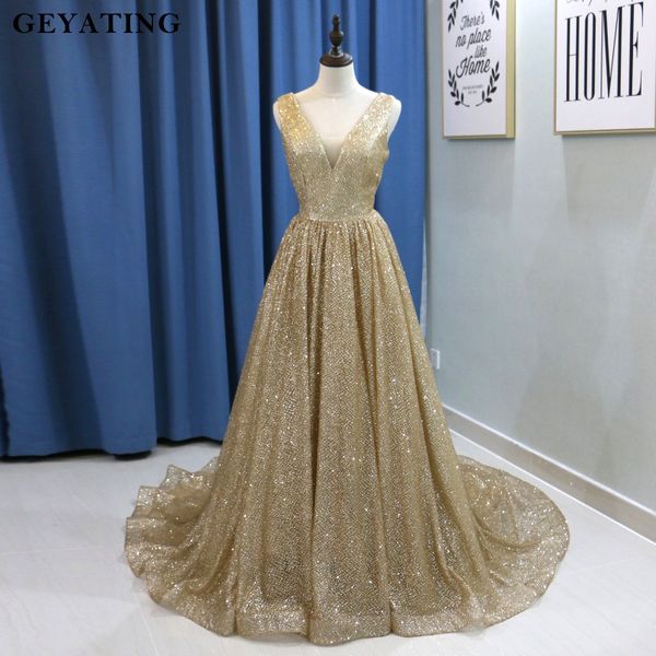 

bling champagne gold sequins arabic evening dress 2019 long dubai prom dresses v-neck backless plus size women formal gowns, White;black