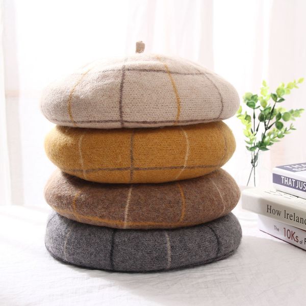 

new wild plaid wool ladies beret autumn and winter warm student painter hat japanese retro british pumpkin hat, Blue;gray
