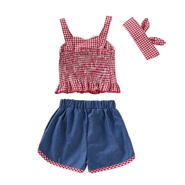 

2020 baby girls summer 3pcs/sets sleeveless plaid print vest +denim shorts suits with headband casual outfits set, White