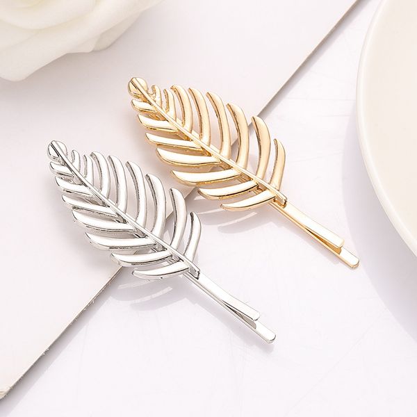 

temperament three-dimensional leaf alloy hair clip edge clip gold and silver leaf girl hair accessories party birthday gift, Golden;white