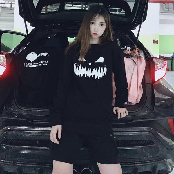 

hoodie suit-dress 2019 devil printing sweater woman increase down round neck pullover easy joker jacket tide hoodies, Blue;black