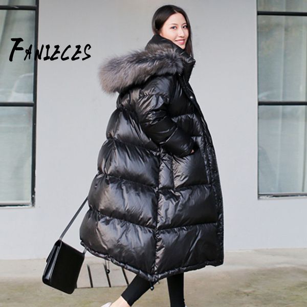 

winter casual 70% white duck down jacket long parkas black women's coat with faux fur hood doudoune femme hiver kurtka damska