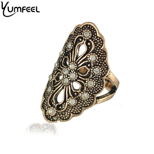 

yumfeel new vintage jewelry crystal flower rings antique plated cocktail rings for woman, Golden;silver