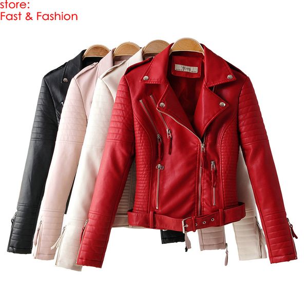 

2019 new autumn winter women motorcycle faux leather jackets lady long sleeve pu biker zippers streetwear red outerwear couts, Black