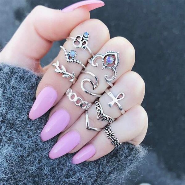 

10pcs/set fashion vintage flower cross leaf ring joint ring set, Golden;silver