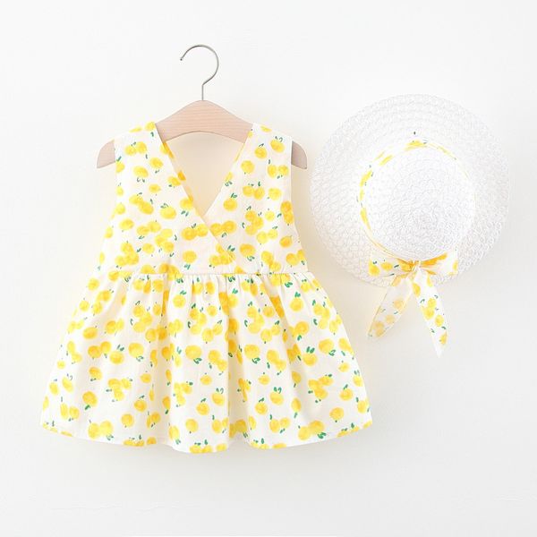 

summer baby girl dress + hat cotton infant dress kids beach fashion girls clothing, Red;yellow