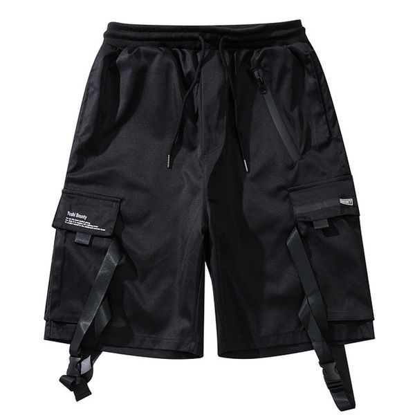 

2019 tactics cargo shorts men streetwear ribbon reflective shorts male summer black bottoms multi-pocket xd227, White;black