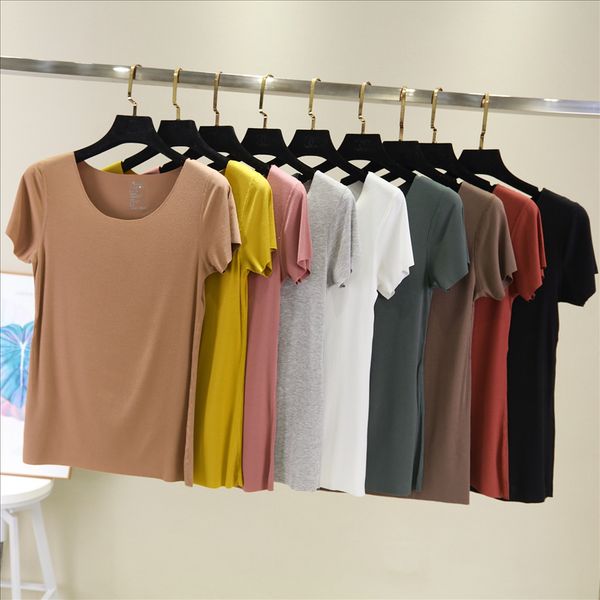 

2020 round collar traceless short-sleeved t-shirt slim base shirt cut traceless top, White