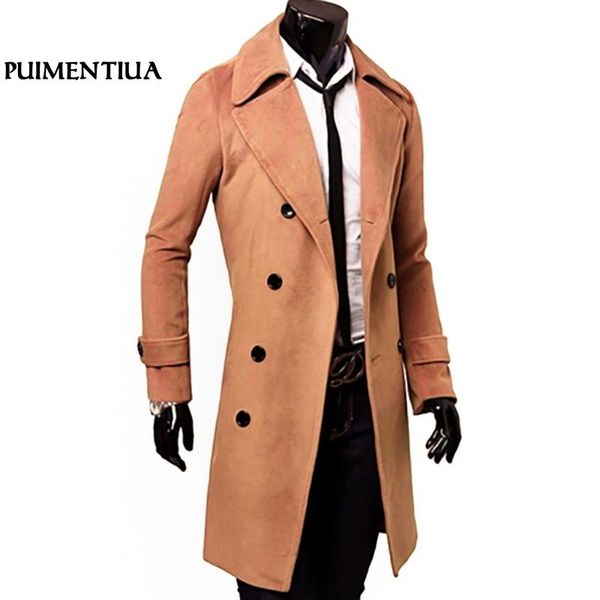 

puimentiua men coat fashion double-breasted wool blends long coat autumn winter windproof slim trench male plus size, Tan;black