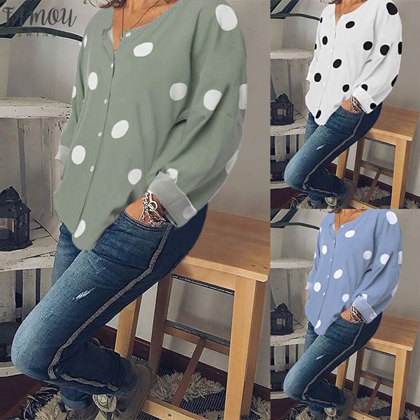 

2020 autumn women blouses shirts ladies bohemian blusas vintage polka dot print long sleeve tunic work chic chemise, White