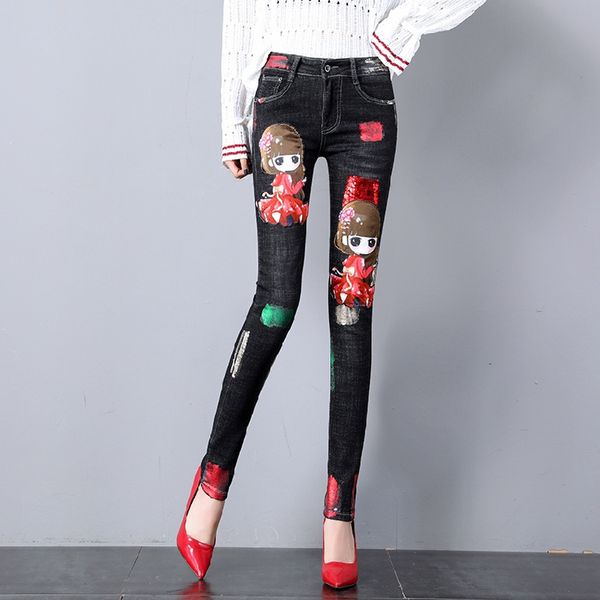 

lyfzous 2018 high waist jeans women cartoon sequined denim pants bronzing stretch slim black color bottom for woman trousers, Blue