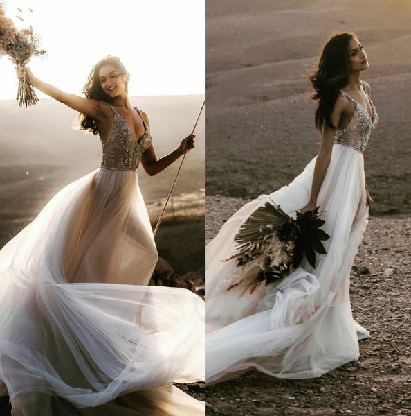 

bohemian wedding dresses spaghetti lace beads rhinestones boho wedding dress a line custom made sweep train vestidos de novia, White
