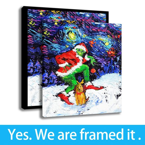 Imprimir Van Gogh Wall Art Pinturas Tela os enfeites de Natal Oil Grinch pintura em tela Home Decor - pronto para pendurar - Framed