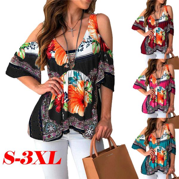 

2019 summer blusa feminina women blouses cold shoulder floral print short blouse blusas mujer de moda new plus size, White