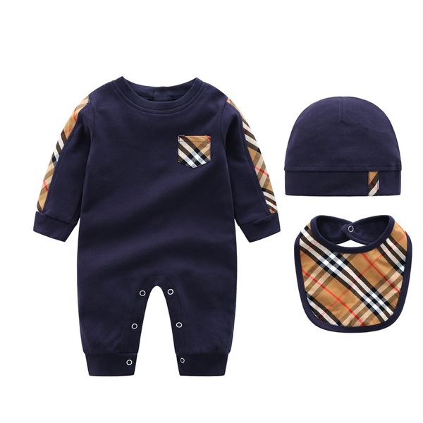 

sunma autumn style baby boy girl rompers long sleeve plaid infant jumpsuit+hat bibs 3pcs casual outfit newborn baby clothes, Blue