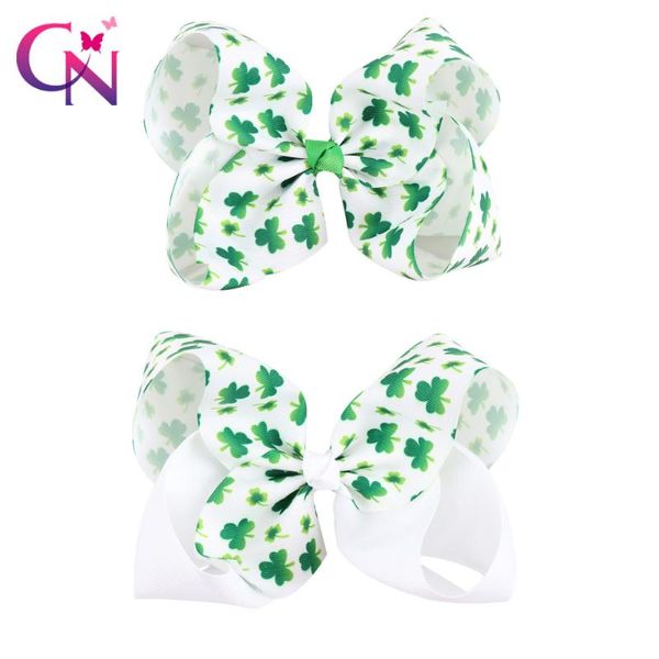 

8pcs/lot 7" large st.patrick's day's hair bows with clips for kids girls shamrock printed ribbon bows hairgrips hair accessor, Slivery;white