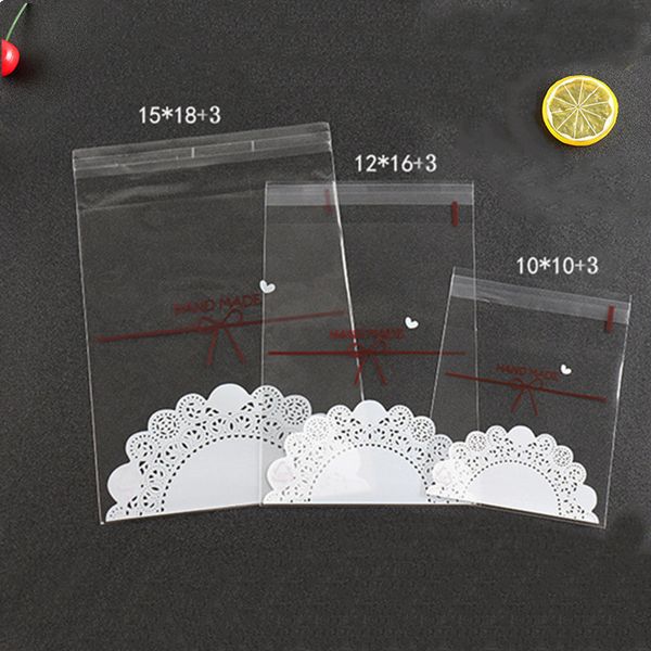 

100pcs transparent lace bow biscuit bag candy bag self-adhesive pocket wedding birthday party gift supplies decoration