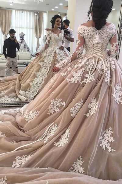 

luxury ball gown champagne wedding dress off shoulders long sleeves saudi arabia lace up bridal gowns appliques long train wedding dresses, White
