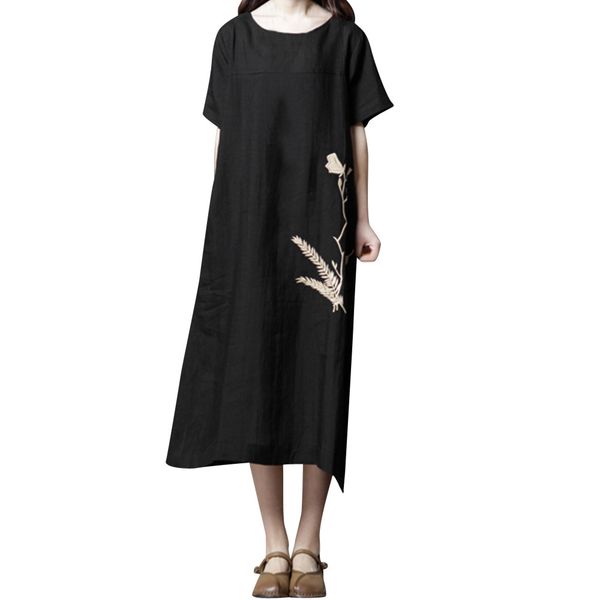 

women's plus size cotton casual embroidery dress solid loose short sleeve dress feitong fashion o-neck comfortable 2019, Black;gray