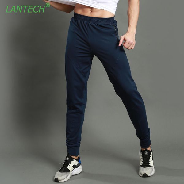 

lantech men pants joggers training running sports sportswear fitness exercise pocket zipper gym pants run clothes slim fit, Black;blue