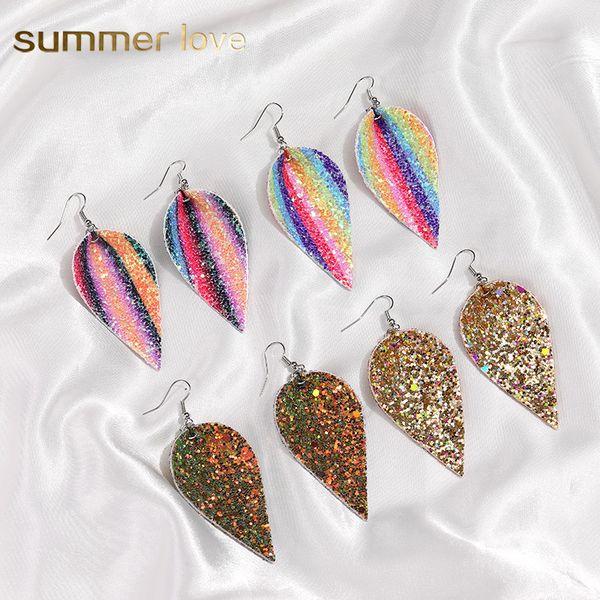 

new 7 colors classic glitter leaf pu leather earrings for women personalized design jewelry statement dangle earrings wholesale, Silver