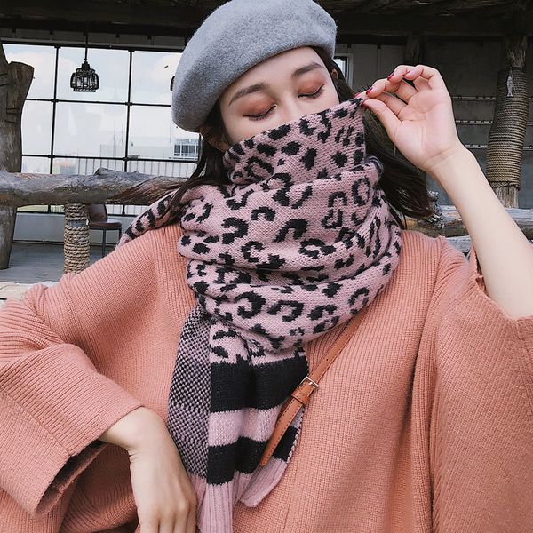 

winter scarf women thicken warm leopard print scarves cotton blends knitting scarf shawl female wrap tassels