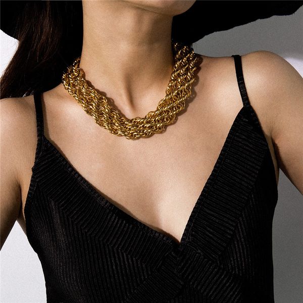 

ae-canfly exaggerated punk chunky chain necklace collar statement female accessory multi layer gold rock twist necklace jewelry, Silver