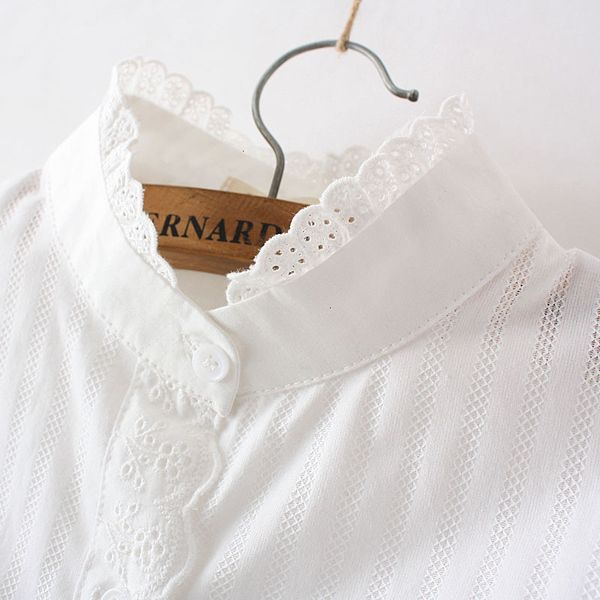 

blouse woman women lace women white shirts summer spring long sleeve ruffled 100% cotton soft stand collar blouse 0.15 kg