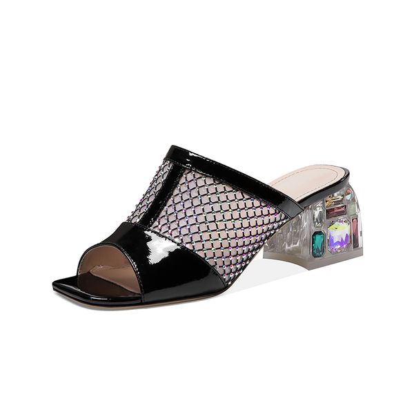 

popular patchwork ladies slippers rhinestone genuine leather high heels shoes 2020 new summer buckle party shoes woman, Black