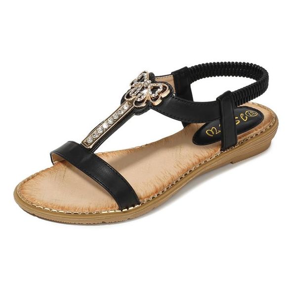 

new bohemian sandals butterfly button decorative elastic belt summer new sandals, Black