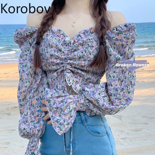 

korobov 2020 summer new chiffon blouses korean high waist v neck flare sleeve female shirts bohemian beach style crop top, White