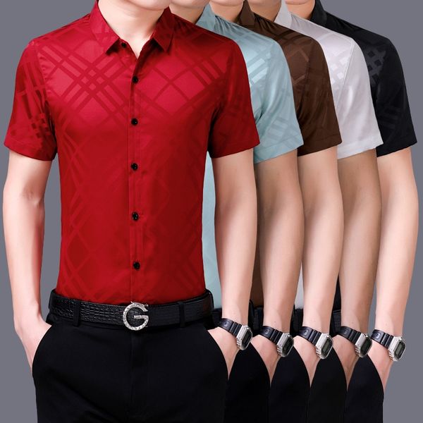 

fashion man silk shirts summer thin striped clothes short sleeve shirt male soft silk dress shirts ing, White;black