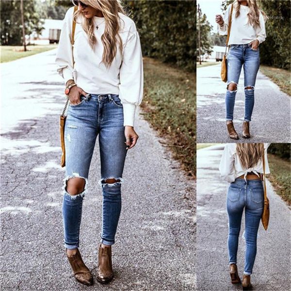 

fashion designer denim pants fenalse street style casual clothes womens hole pencil jeans summer lighted washed, Blue