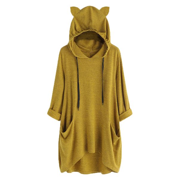

women sweatshirt long hoodies solid ear cat long sleeves pocket hooded irregular oversized shirt sweatshirt sudadera mujer, Black