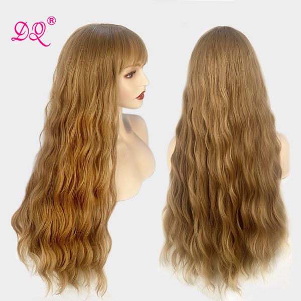 

dq long wave wigs with bangs nature kinky synthetic wig heat resistant fiber for black women cosplay wig mix blond gray brown