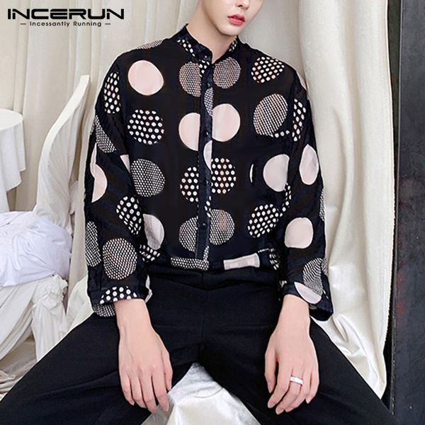 

incerun men long sleeve polka dot print collar shirt casual temperament mens blouse baggy fashion button hombre plus size, White;black