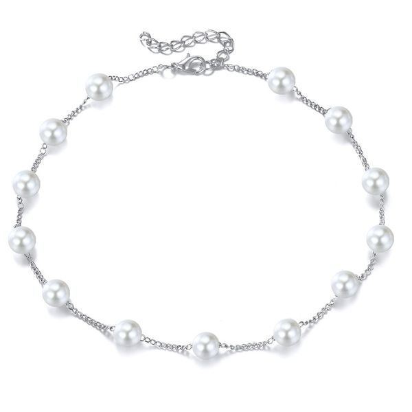 

1pc simple trendy pearl choker short necklace for women cute handmade white round pearl pendant collar chain wedding jewelry n98, Silver