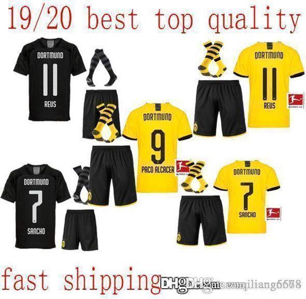 

borussia dortmund soccer jersey kit with socks 2019 2020 gotze dembele pulisic reus 19 20 borussia dortmund home football shirts, Black;yellow