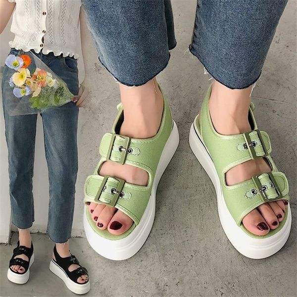 

women buckle strap casual sandals thick bottom ladies slides 2020 fashion platform shoes women's summer open toed beach sandals, Black