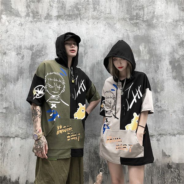 

fashion designer couple casual print tshirt mens short sleeve hooded homme clothing fashion style shirt, White;black