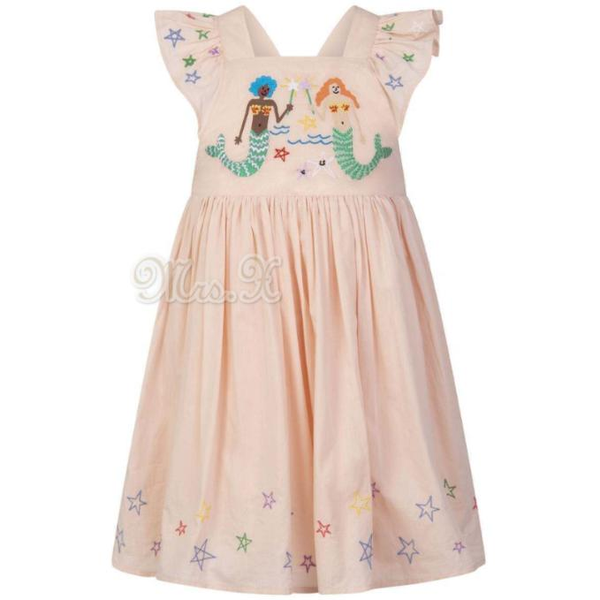 

kids embroidery for girls baby linen cotton pink dress children mermaid frocks summer dress, Red;yellow