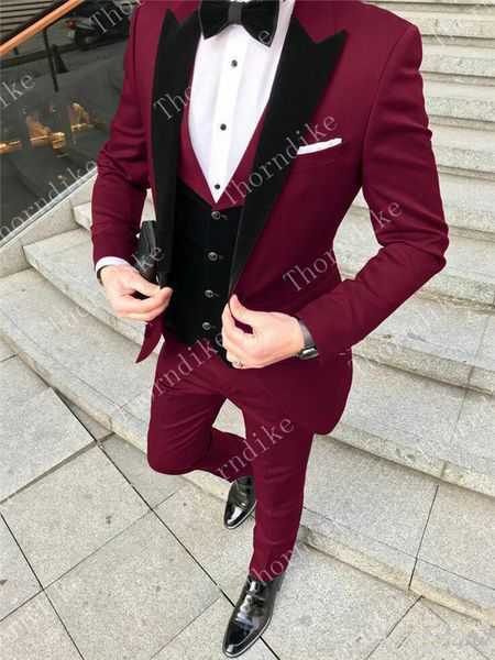 

thorndike one button burgundy groom tuxedos groomsmen lapel men wedding tuxedos dinner prom suits (jacket+pants+vest+tie, White;black