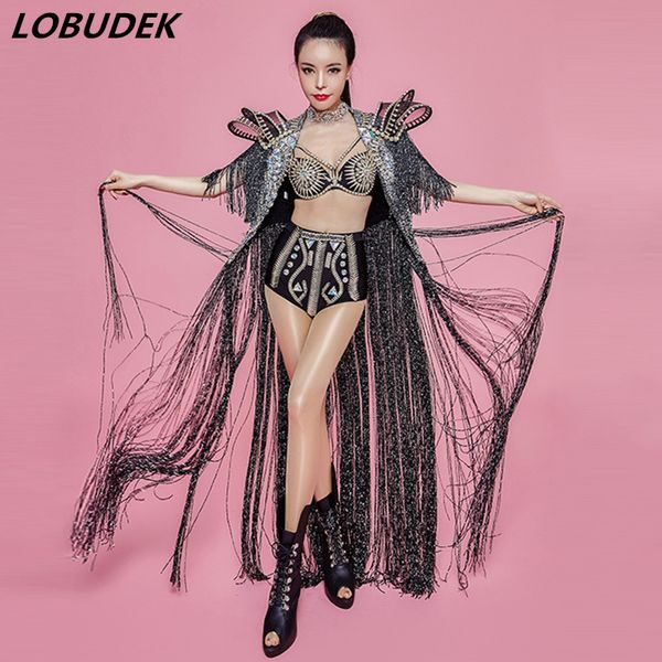 

high-end tassel cloak sparkly rhinestones luxurious costume club women dj singer stage outfit star vocal concert tide dance wear, Black;red